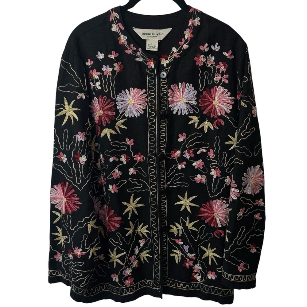 The Vermont Country Store Linen Blend Floral Embroidered Jacket Boho Feminine L - Picture 2 of 10